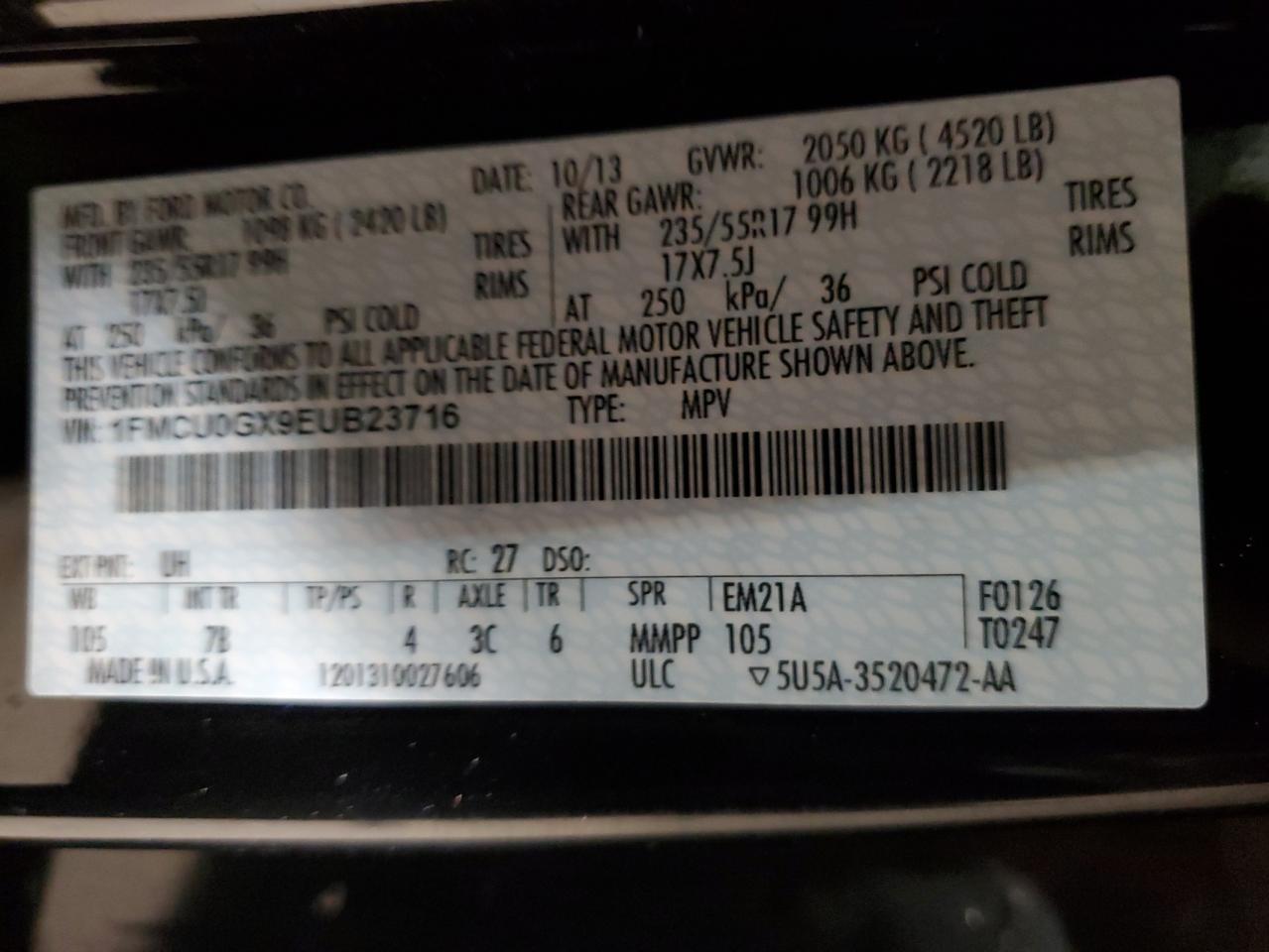 2014 Ford Escape Se VIN: 1FMCU0GX9EUB23716 Lot: 93231185