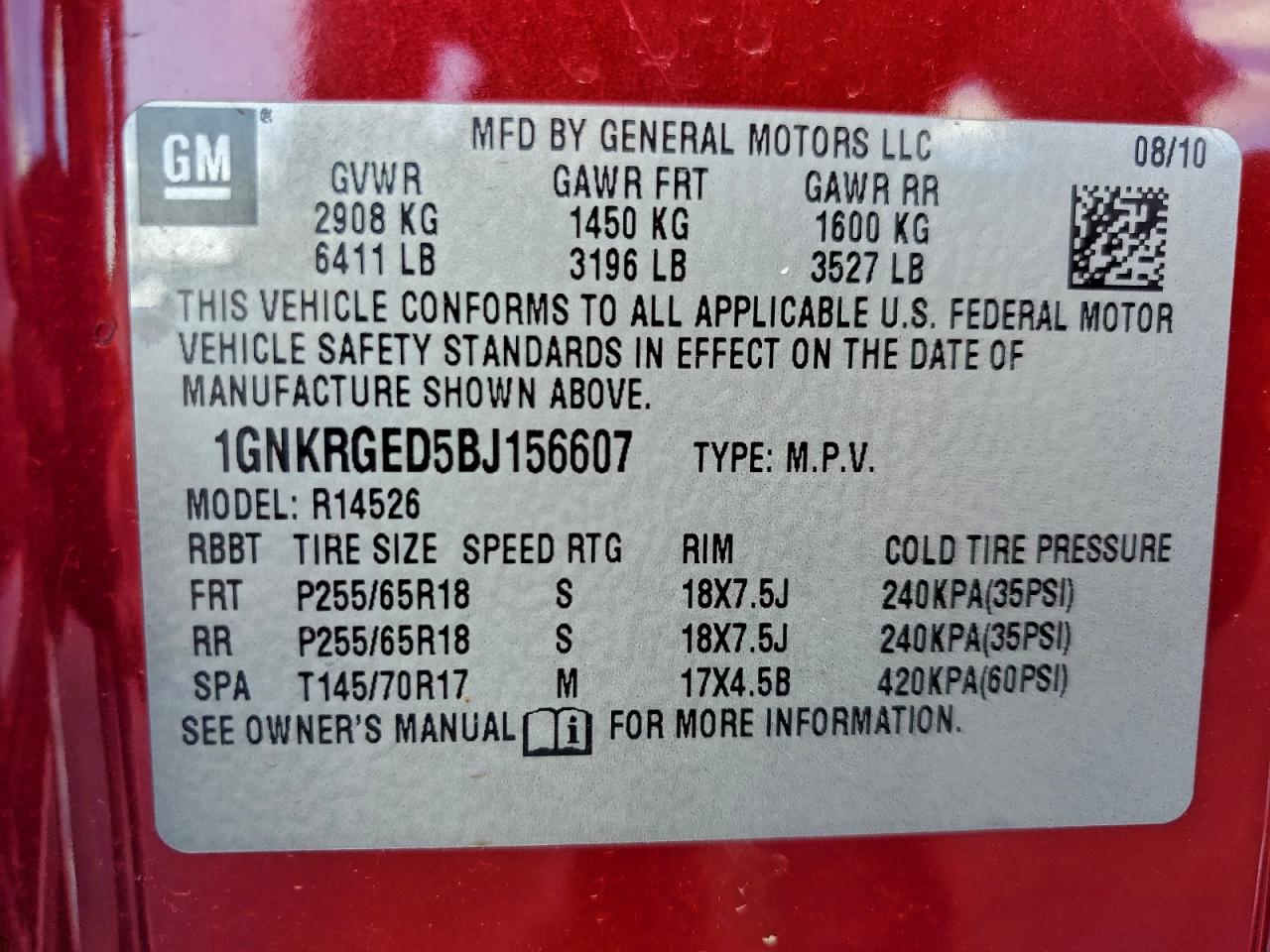 2011 Chevrolet Traverse Lt VIN: 1GNKRGED5BJ156607 Lot: 93729565