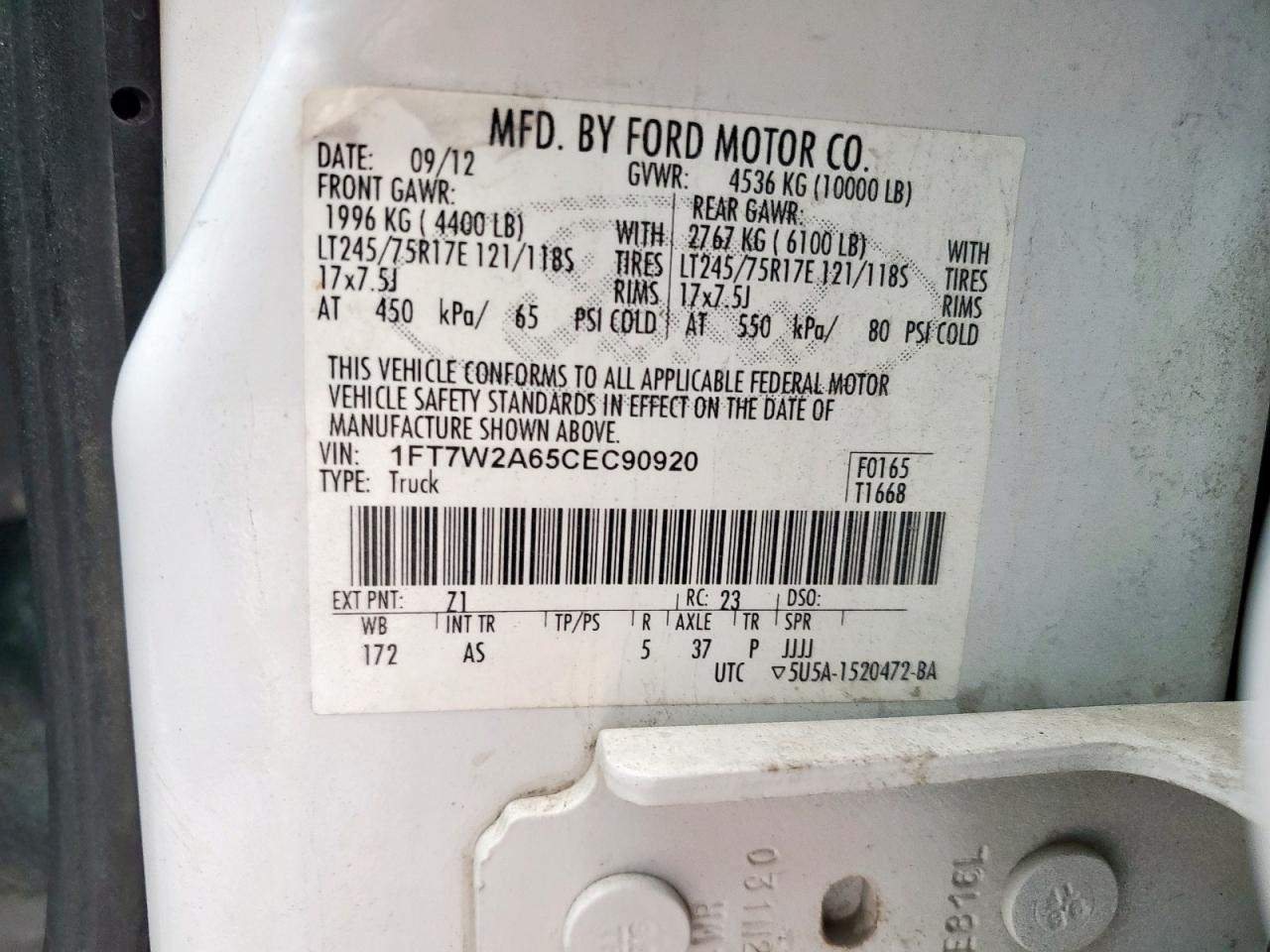 2012 Ford F250 Super Duty VIN: 1FT7W2A65CEC90920 Lot: 92595525