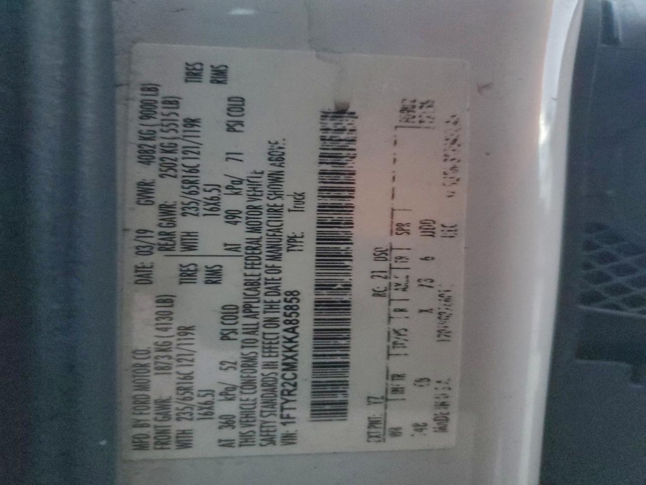 2019 Ford Transit T-250 VIN: 1FTYR2CMXKKA85858 Lot: 93887395