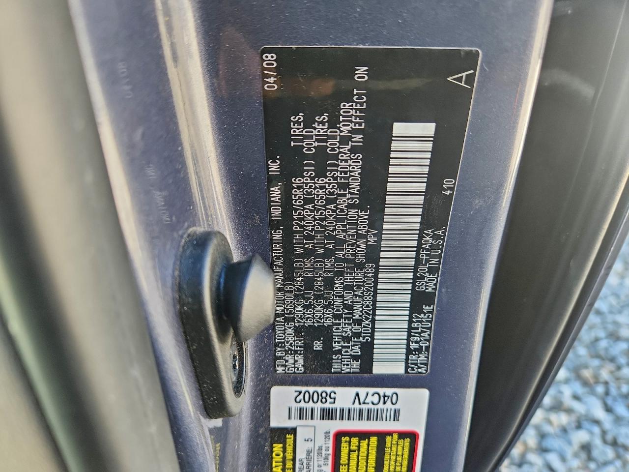 2008 Toyota Sienna Xle VIN: 5TDZK22C88S200489 Lot: 93640025