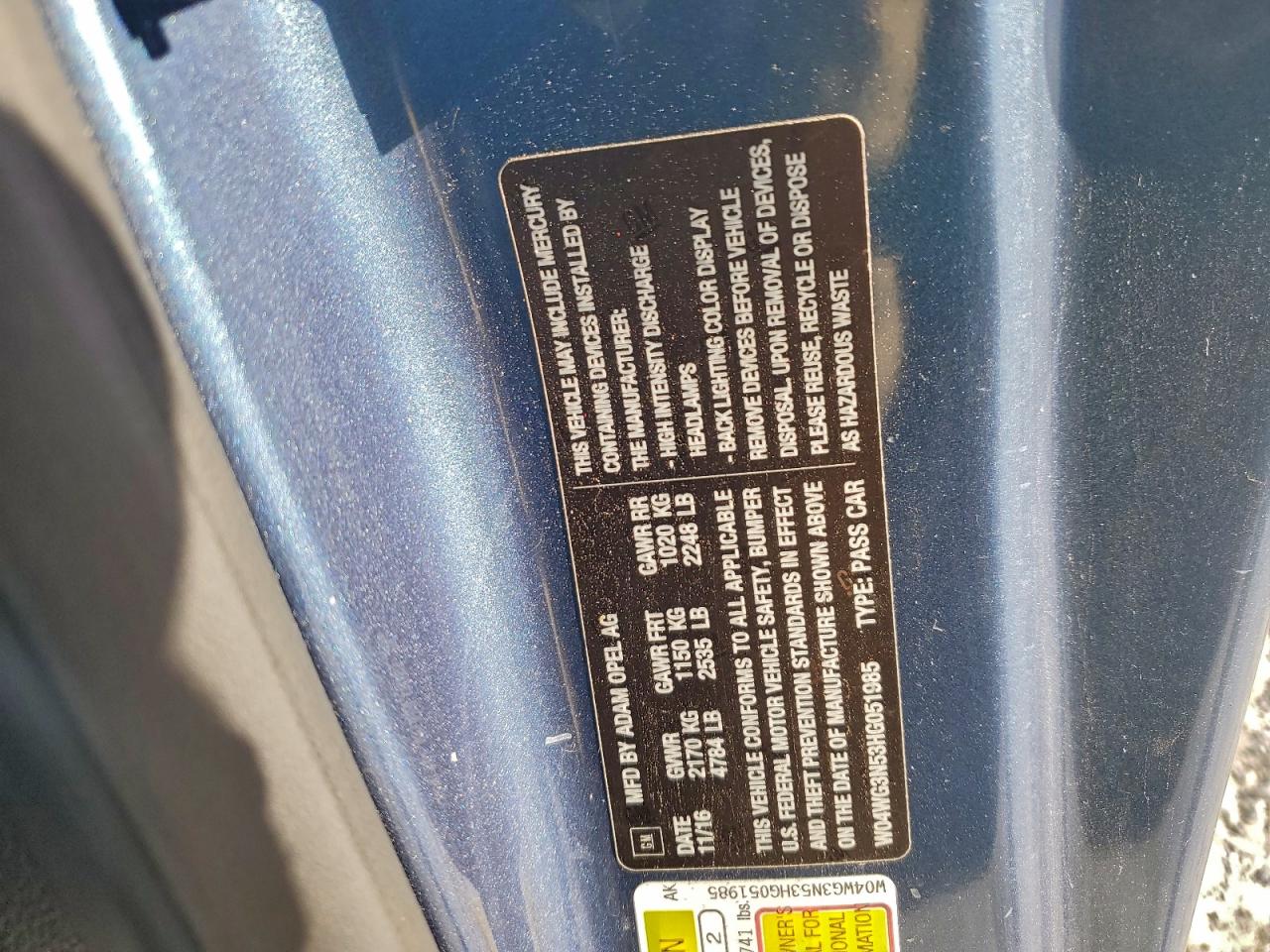 2017 Buick Cascada VIN: W04WG3N53HG051985 Lot: 94270675