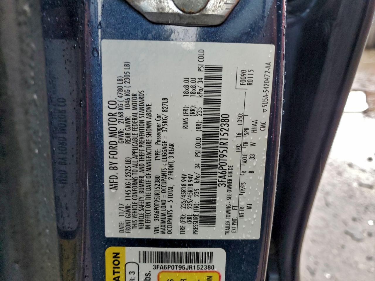 2018 Ford Fusion Se VIN: 3FA6P0T95JR152380 Lot: 93249825