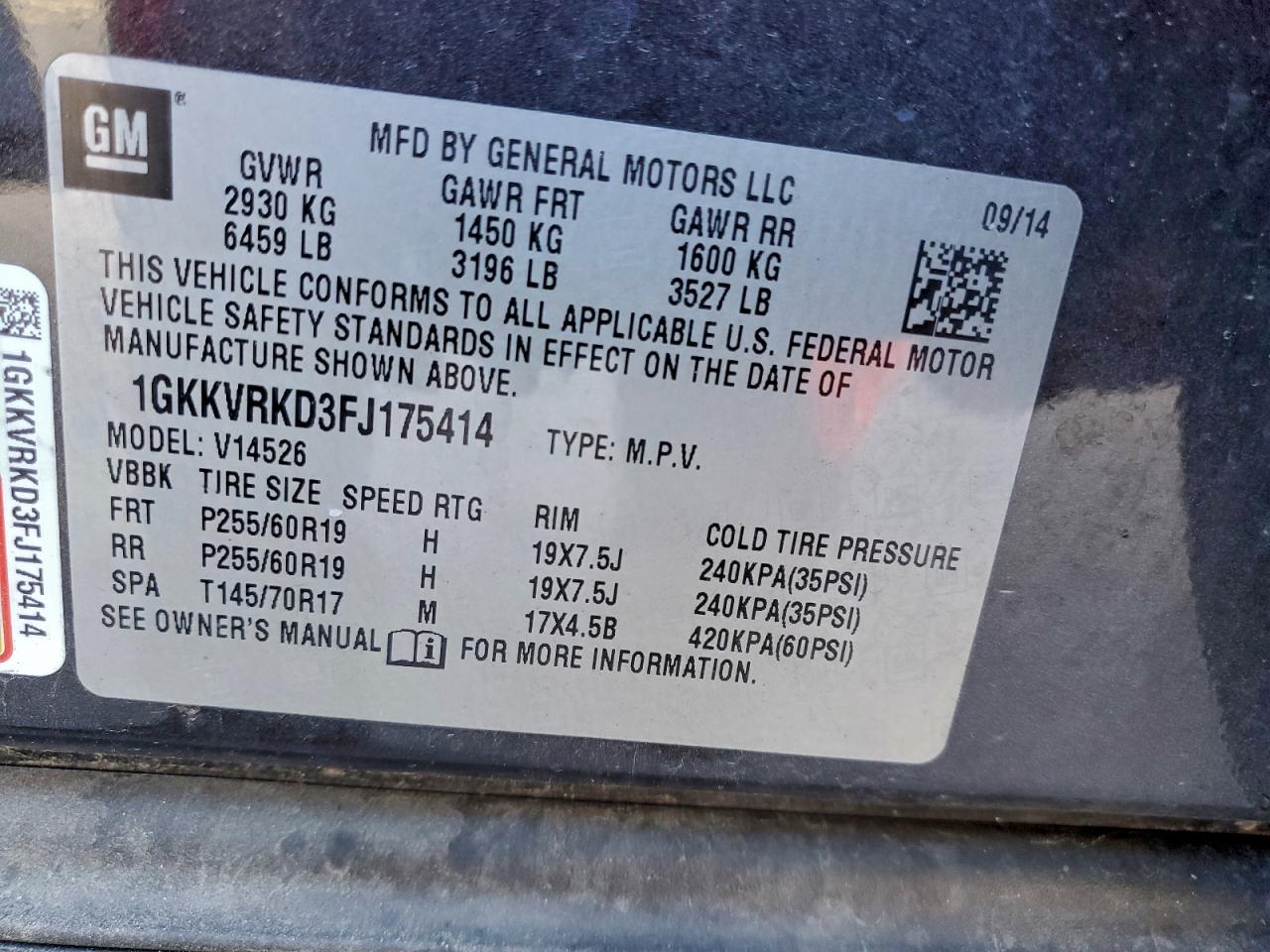 2015 GMC Acadia Slt-1 VIN: 1GKKVRKD3FJ175414 Lot: 93711815