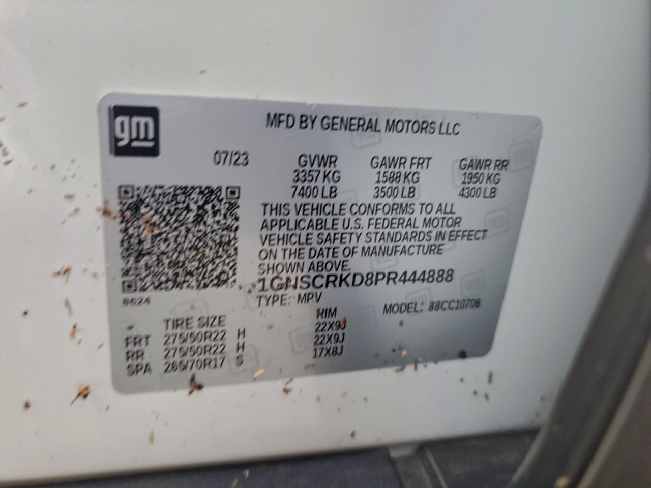 2023 Chevrolet Tahoe C1500 Rst VIN: 1GNSCRKD8PR444888 Lot: 94488335