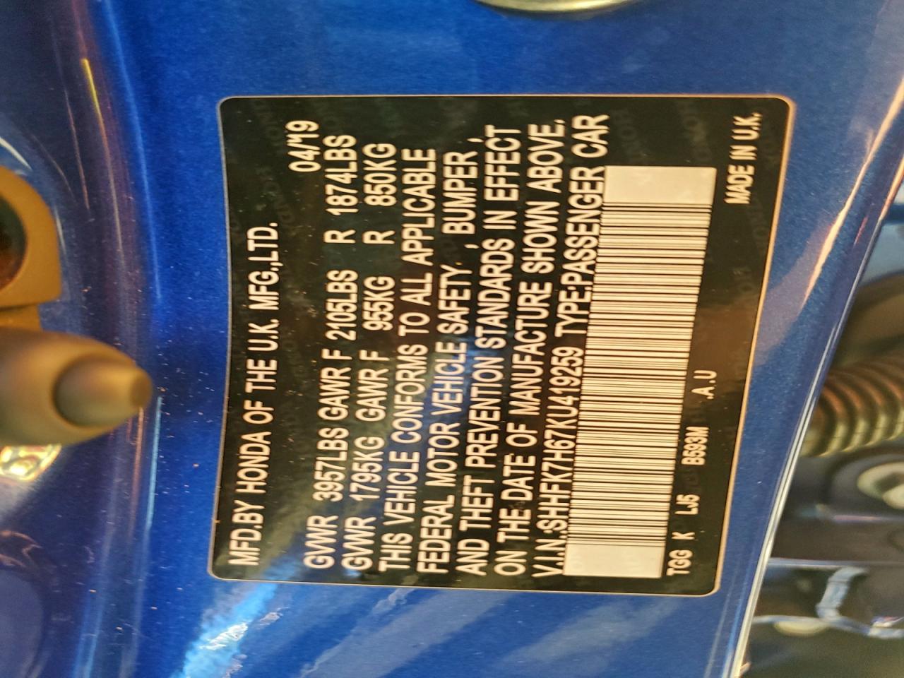 2019 Honda Civic Ex VIN: SHHFK7H67KU419259 Lot: 94597045