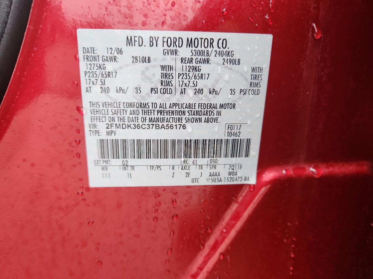 2007 Ford Edge Se VIN: 2FMDK36C37BA56176 Lot: 93329595