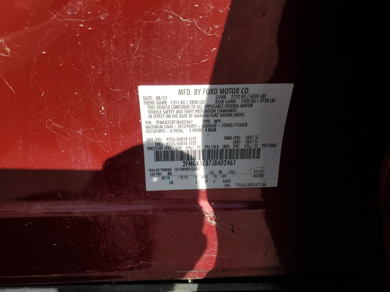 2018 Ford Flex Sel VIN: 2FMGK5C87JBA02461 Lot: 92297685