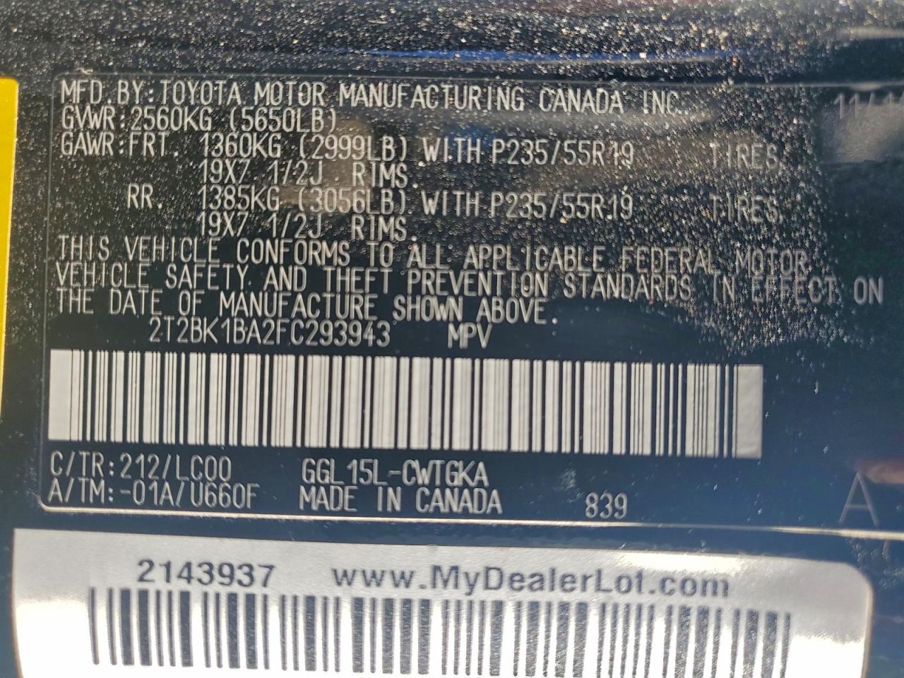 2015 Lexus Rx 350 Base VIN: 2T2BK1BA2FC293943 Lot: 92662345