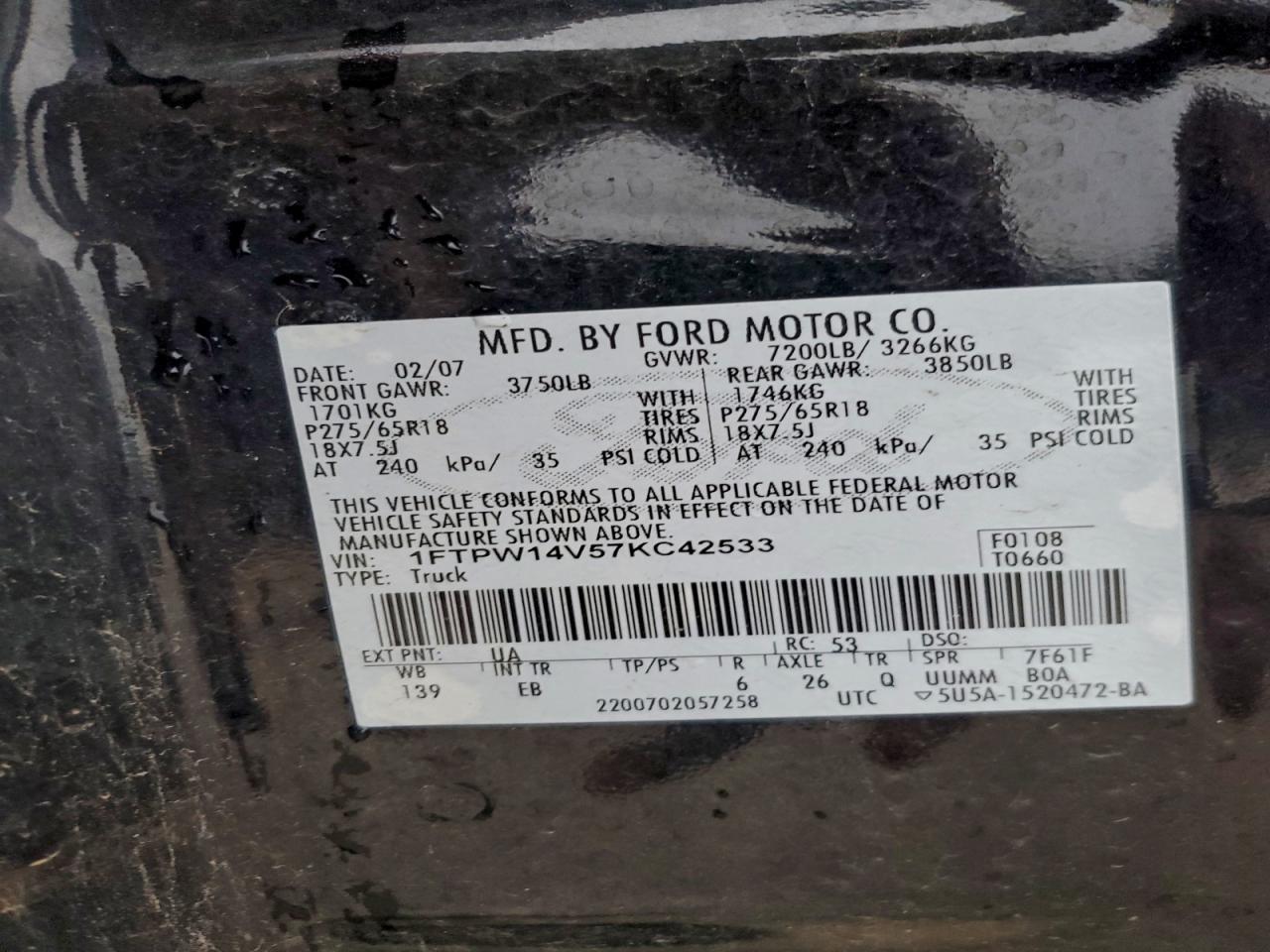 2007 Ford F150 Supercrew VIN: 1FTPW14V57KC42533 Lot: 94331335