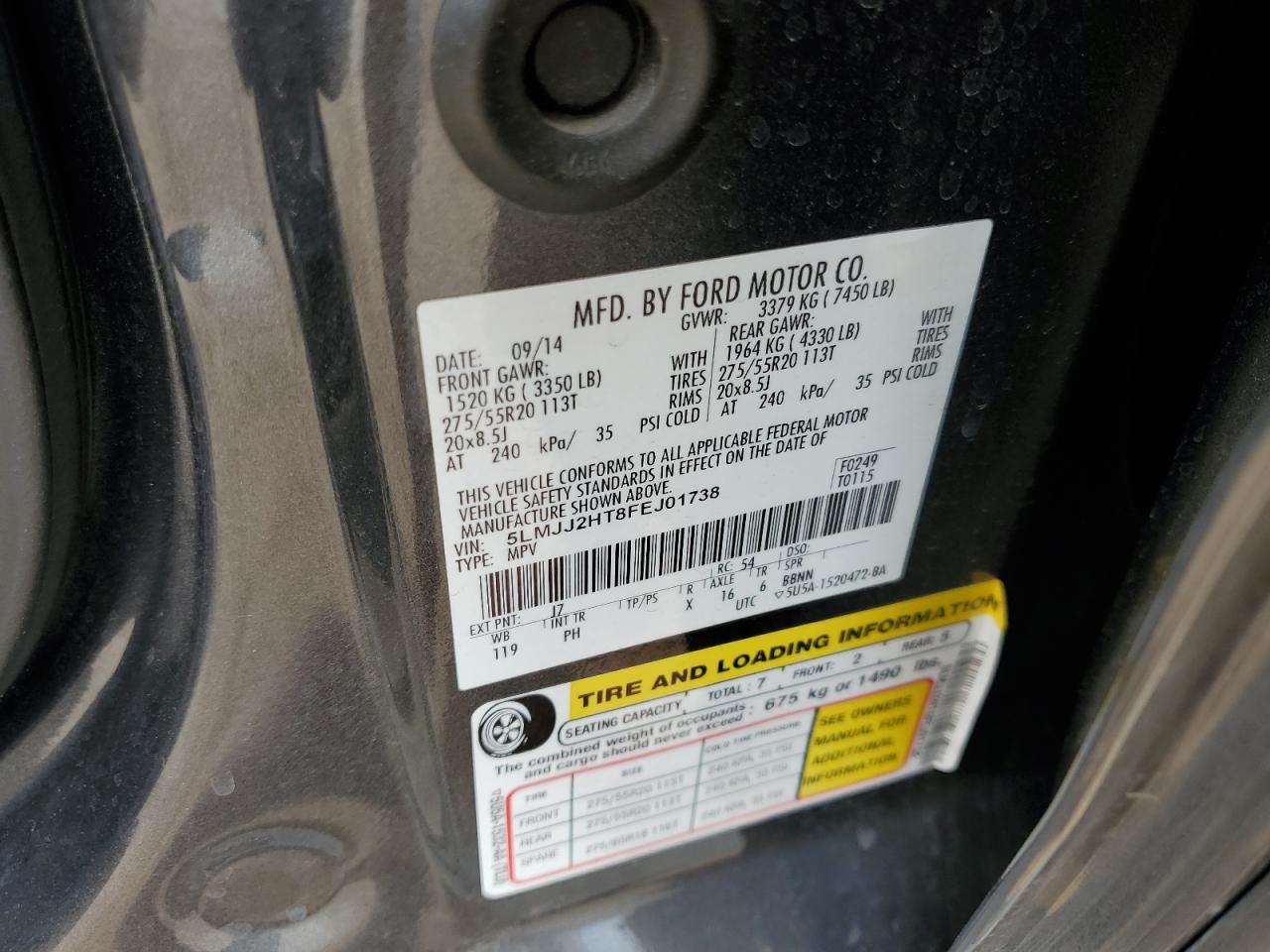 2015 Lincoln Navigator VIN: 5LMJJ2HT8FEJ01738 Lot: 93355395