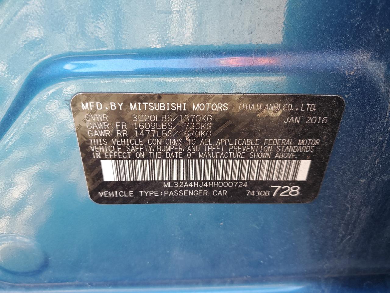 2017 Mitsubishi Mirage Se VIN: ML32A4HJ4HH000724 Lot: 92230505