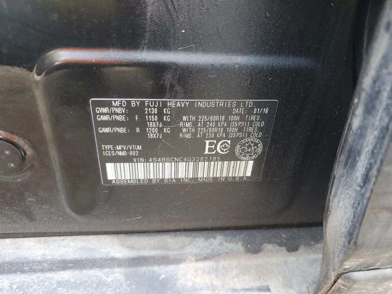 2016 Subaru Outback 2.5I Limited VIN: 4S4BSCNC4G3282185 Lot: 93024425