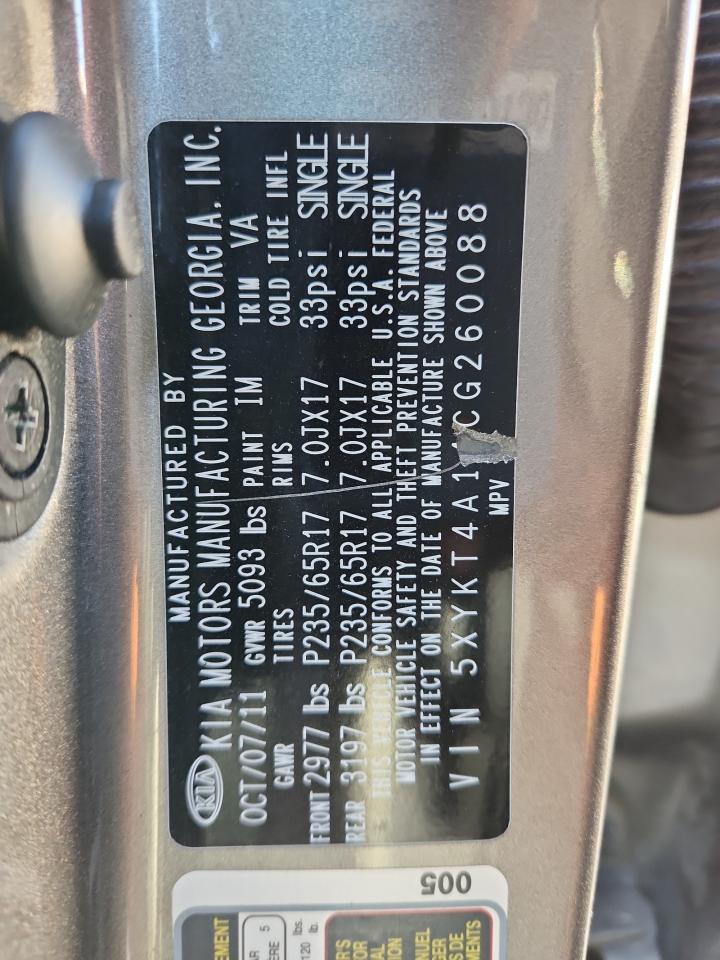 2012 Kia Sorento Base VIN: 5XYKT4A14CG260088 Lot: 92427735