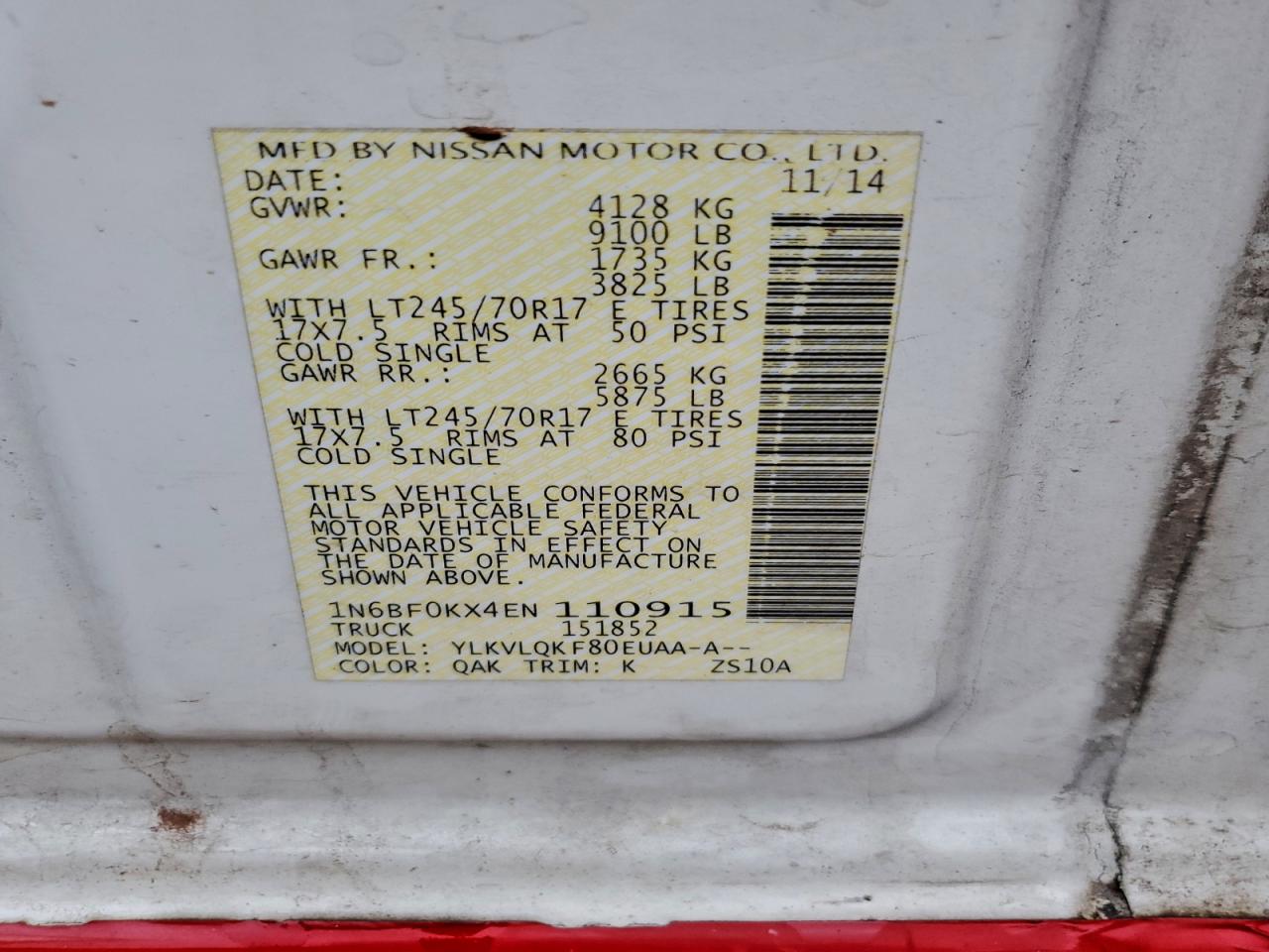 2014 Nissan Nv 1500 VIN: 1N6BF0KX4EN110915 Lot: 94442885