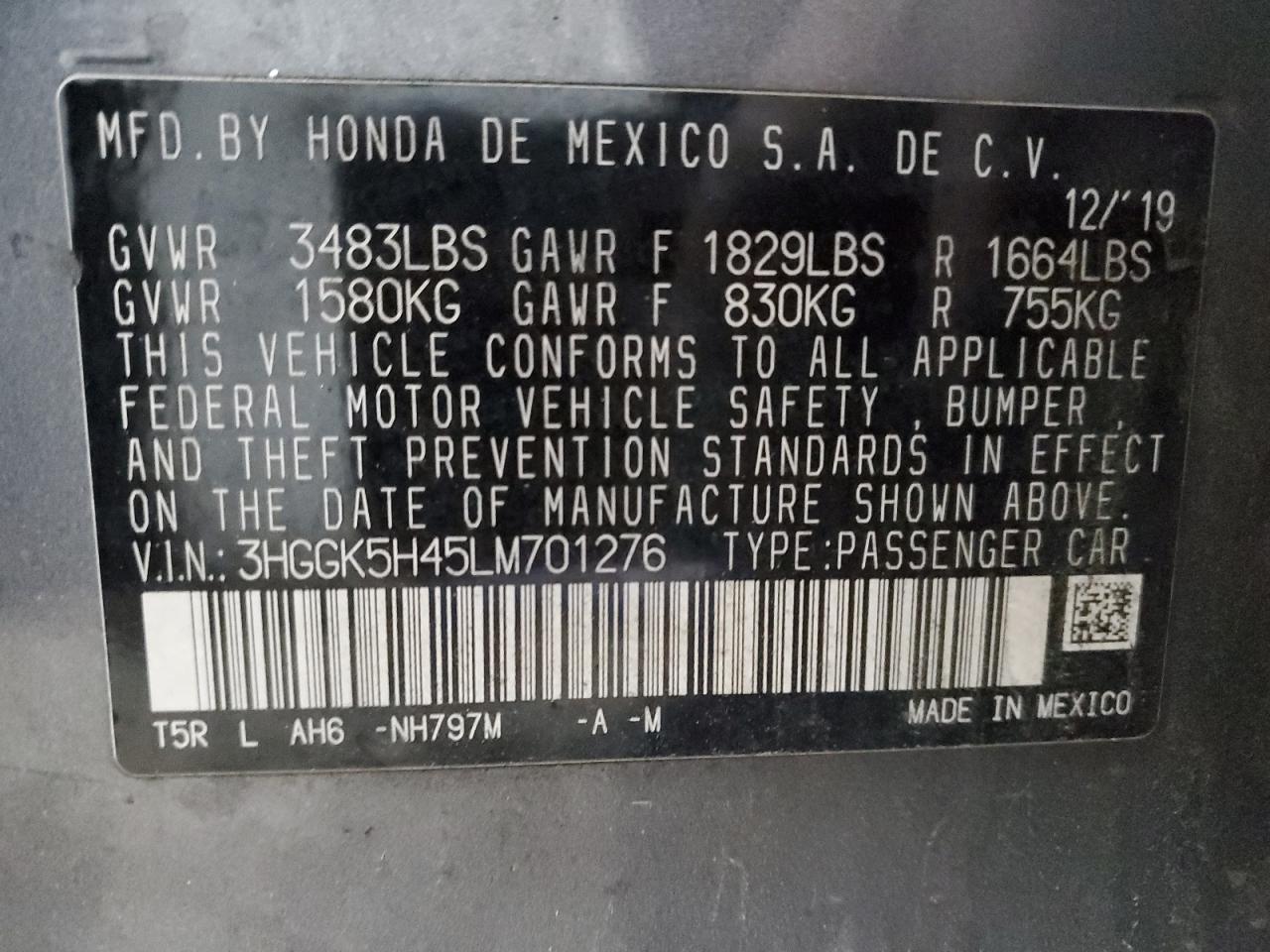 2020 Honda Fit Lx VIN: 3HGGK5H45LM701276 Lot: 92476045