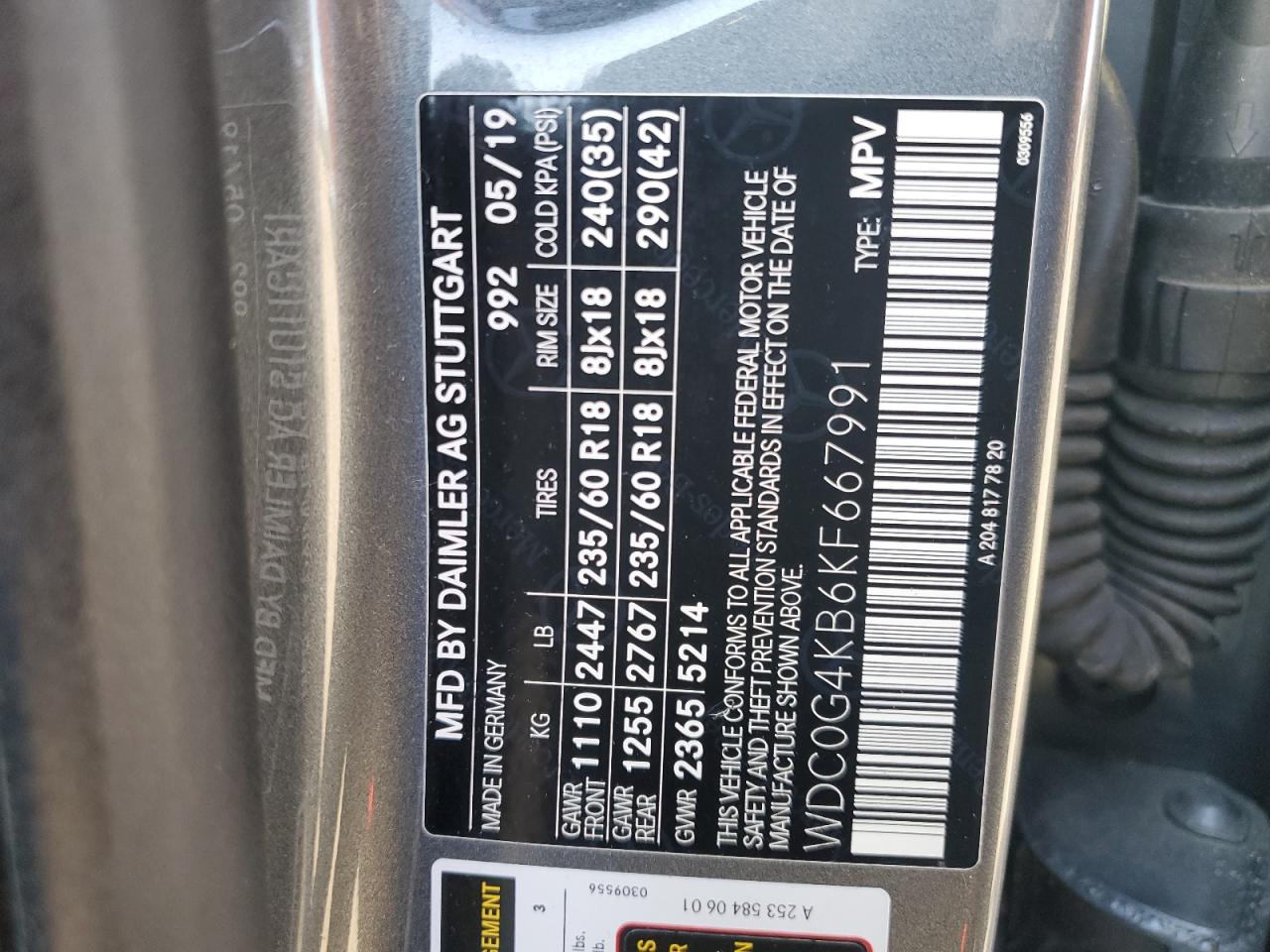 2019 Mercedes-Benz Glc 300 4Matic VIN: WDC0G4KB6KF667991 Lot: 92545625