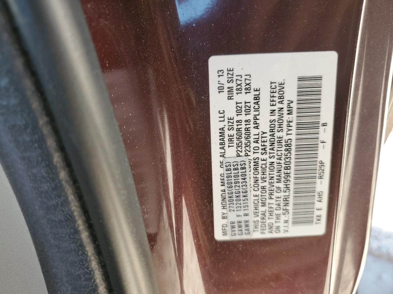 2014 Honda Odyssey Touring VIN: 5FNRL5H99EB035885 Lot: 92591895