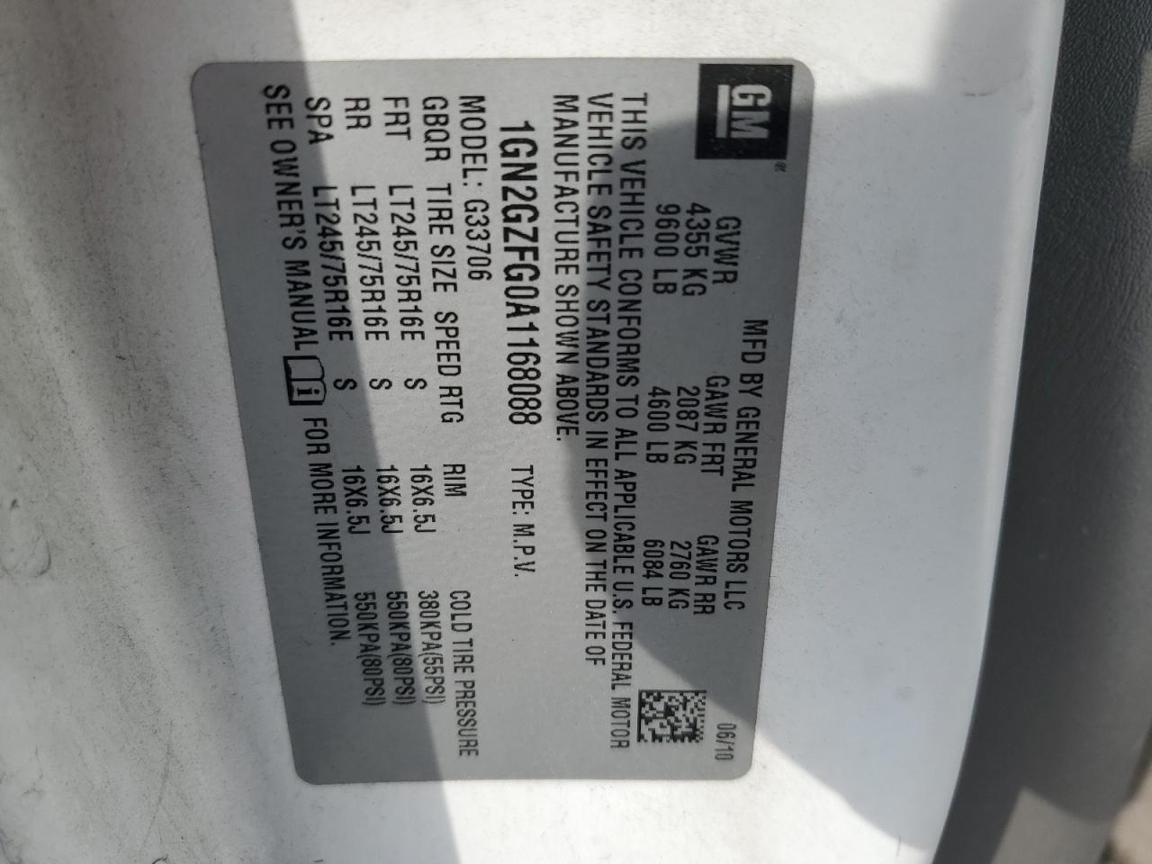 2010 Chevrolet Express G3500 Ls VIN: 1GN2GZFG0A1168088 Lot: 93921785