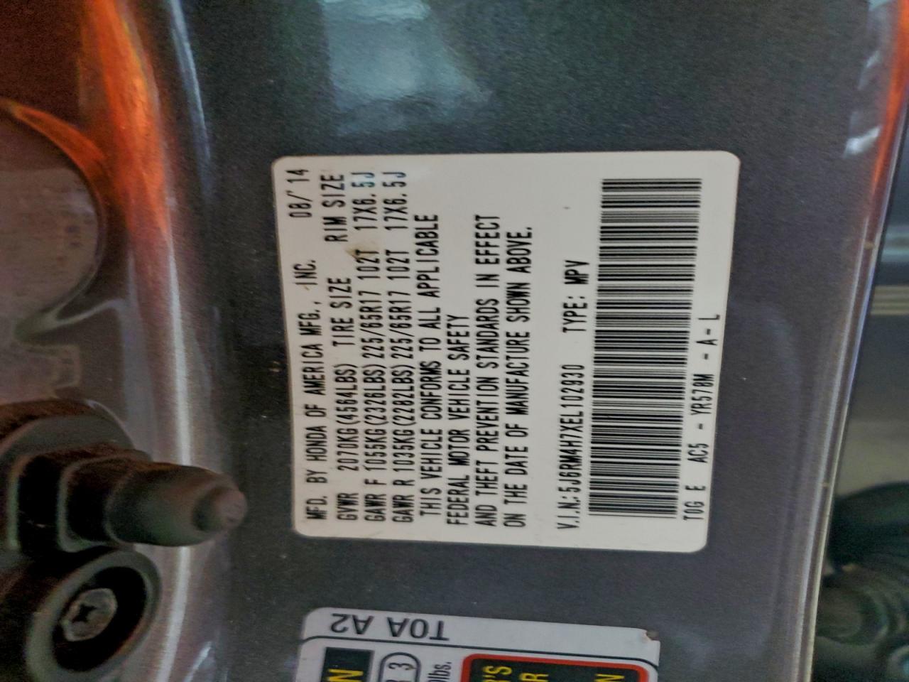 2014 Honda Cr-V Exl VIN: 5J6RM4H7XEL102930 Lot: 93663465