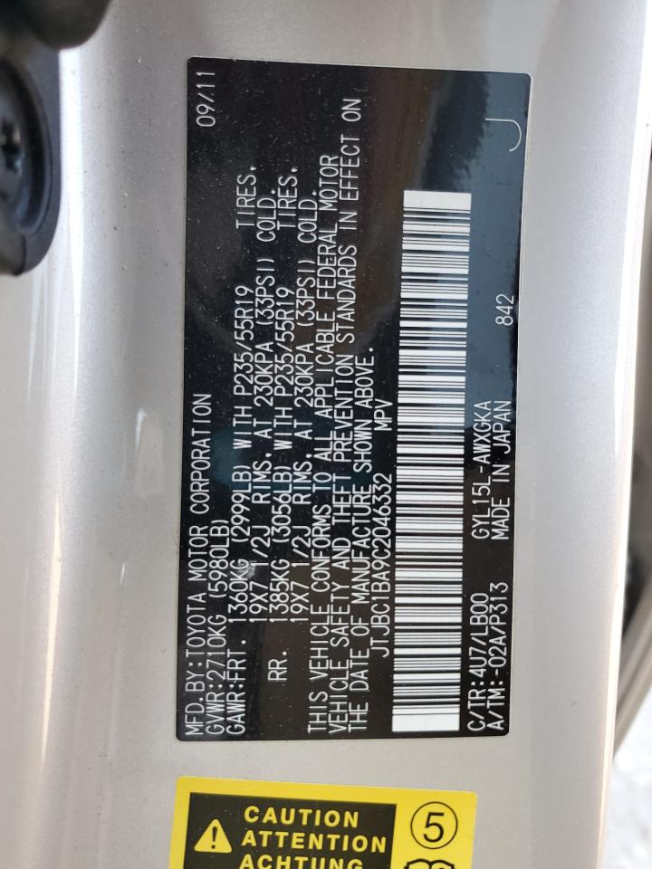 2012 Lexus Rx 450H VIN: JTJBC1BA9C2046332 Lot: 93083465