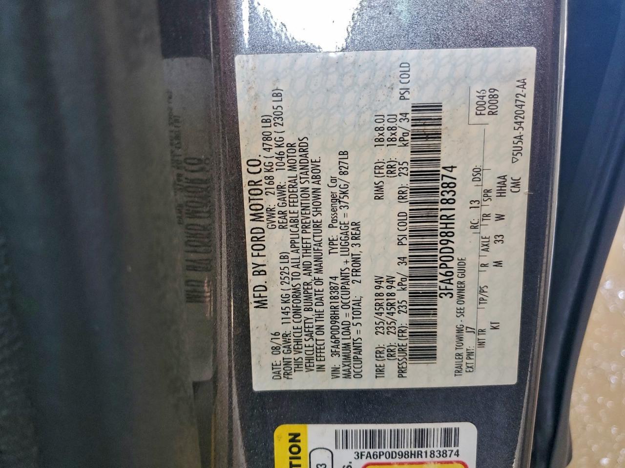 2017 Ford Fusion Titanium VIN: 3FA6P0D98HR183874 Lot: 93816215