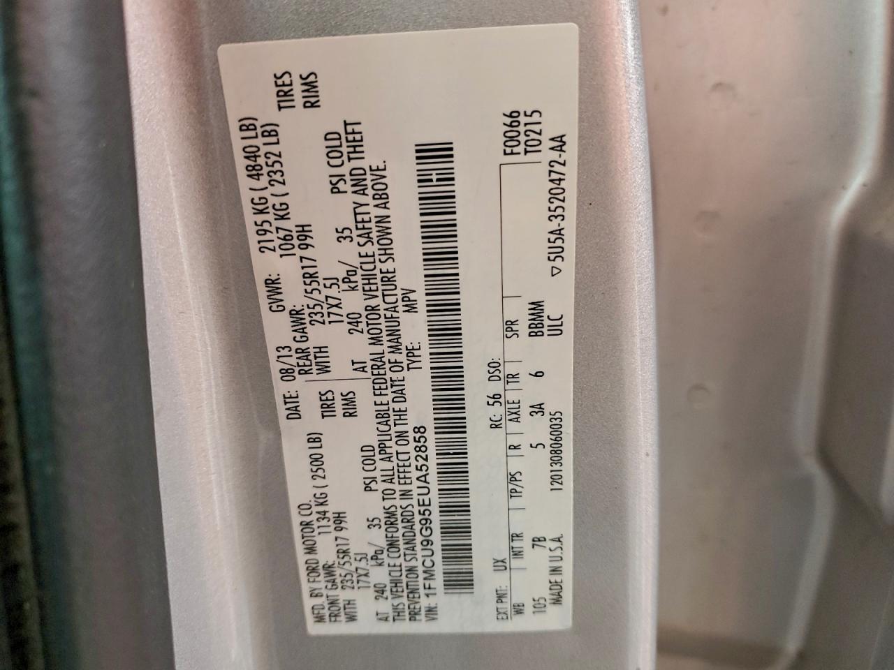 2014 Ford Escape Se VIN: 1FMCU9G95EUA52858 Lot: 90384675