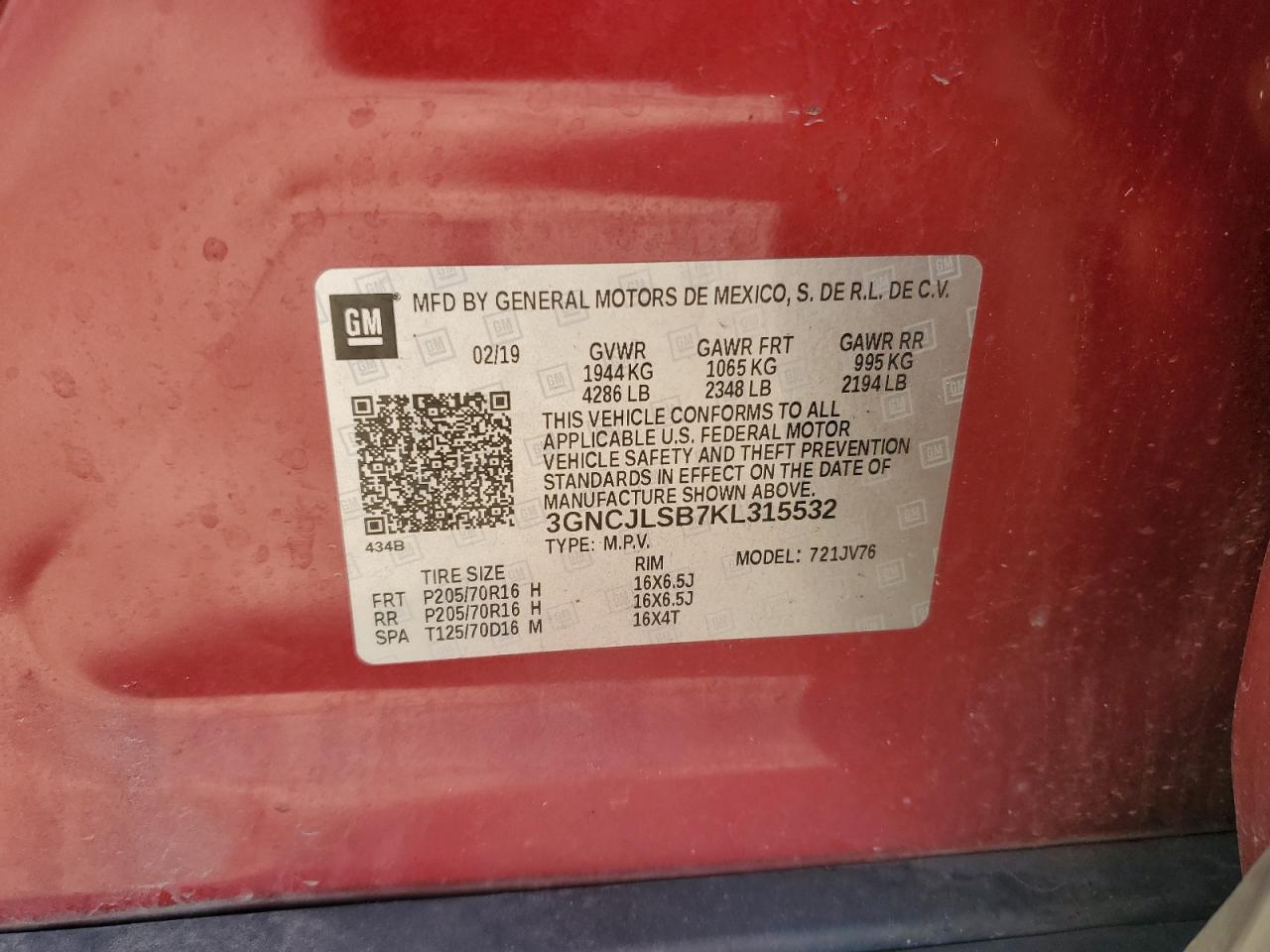 2019 Chevrolet Trax 1Lt VIN: 3GNCJLSB7KL315532 Lot: 92092735