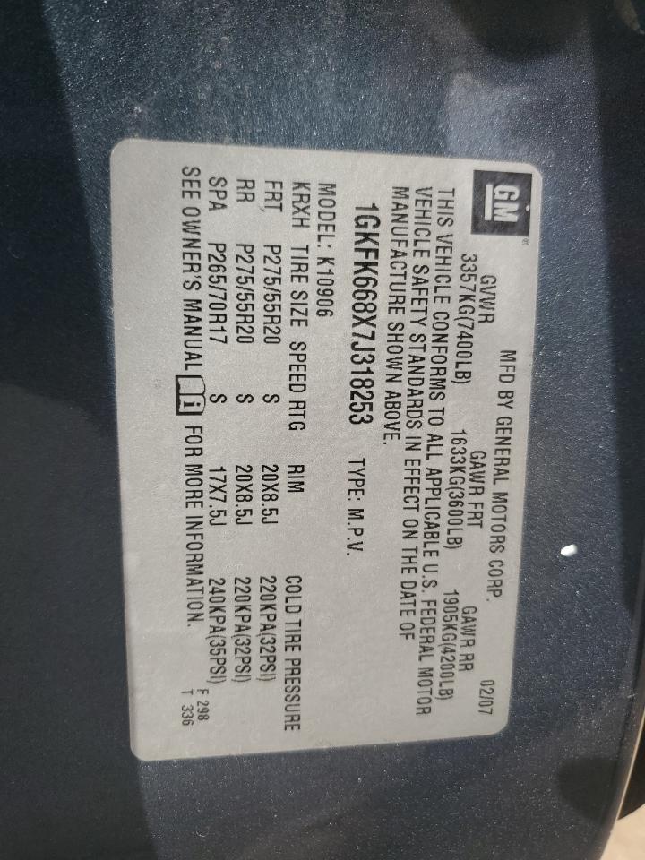 2007 GMC Yukon Xl Denali VIN: 1GKFK668X7J318253 Lot: 91709225