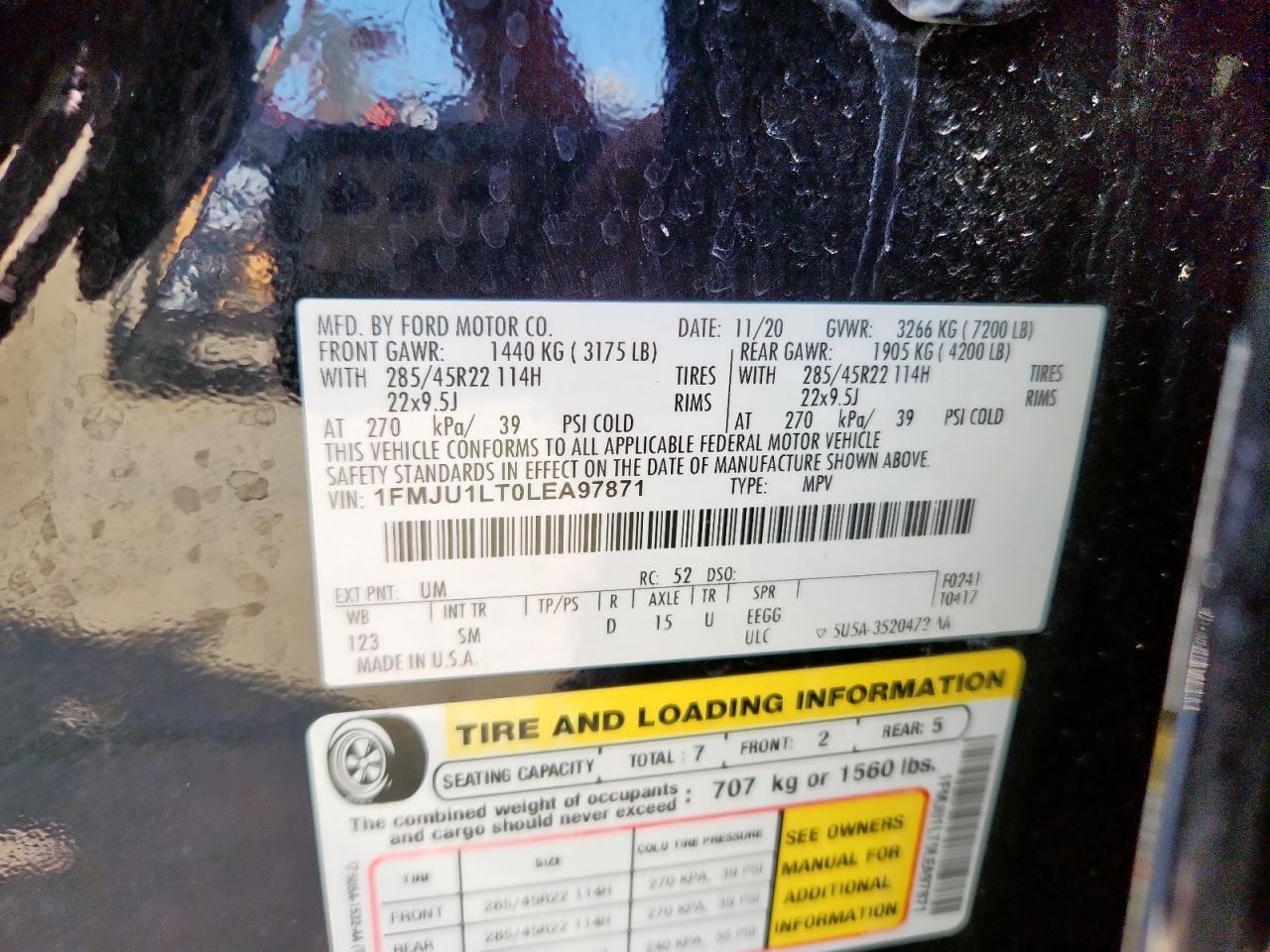 2020 Ford Expedition Platinum VIN: 1FMJU1LT0LEA97871 Lot: 92811555