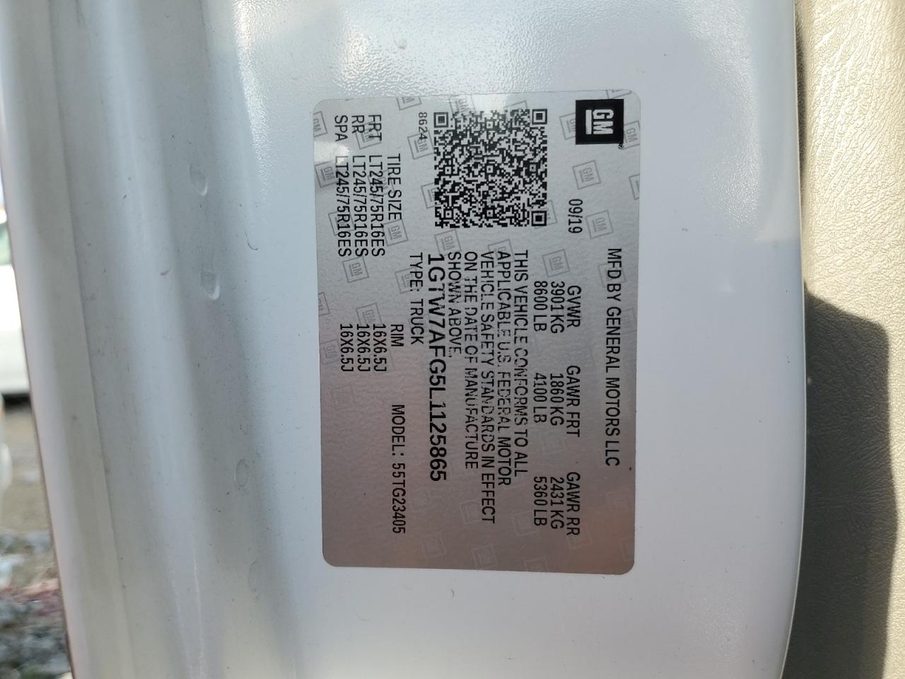 2020 GMC Savana 2500 Cargo Utility / Service Van VIN: 1GTW7AFG5L1125865 Lot: 93096785