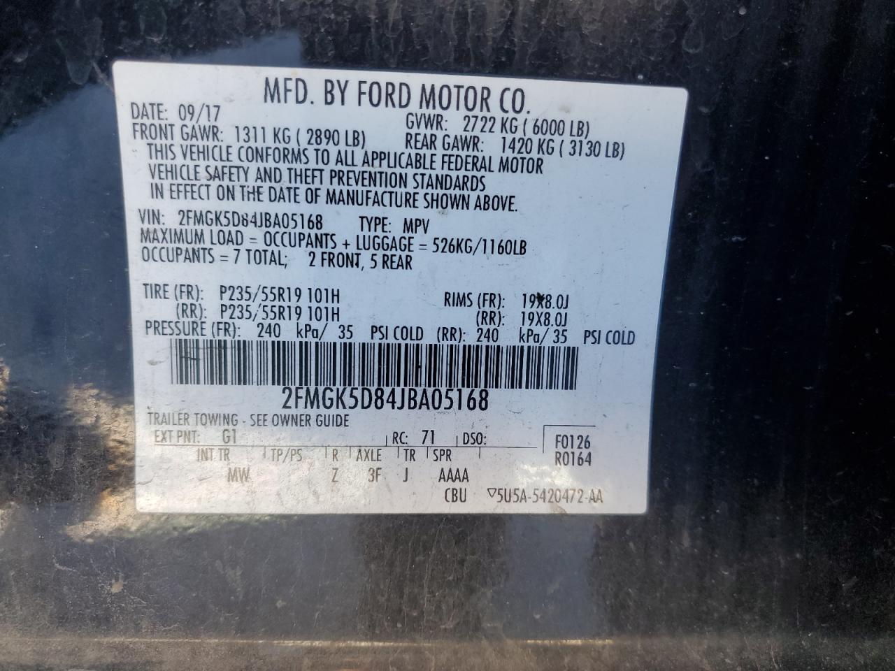 2018 Ford Flex Limited VIN: 2FMGK5D84JBA05168 Lot: 90658465