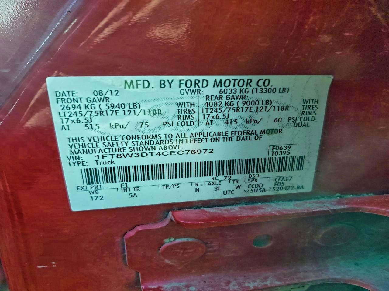 2012 Ford F350 Super Duty VIN: 1FT8W3DT4CEC76972 Lot: 93659915