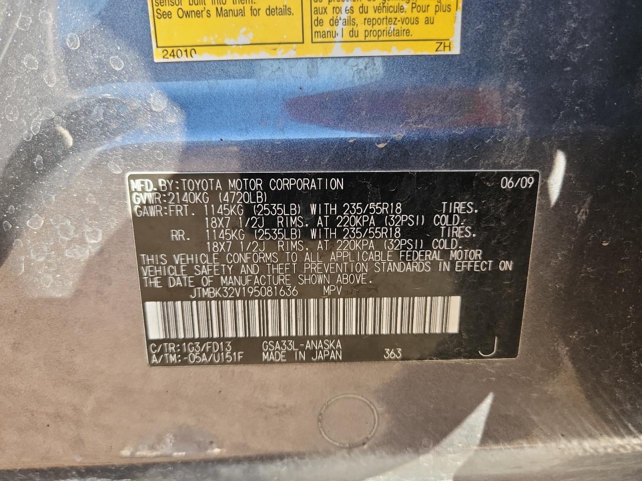 2009 Toyota Rav4 Sport VIN: JTMBK32V195081636 Lot: 91804635