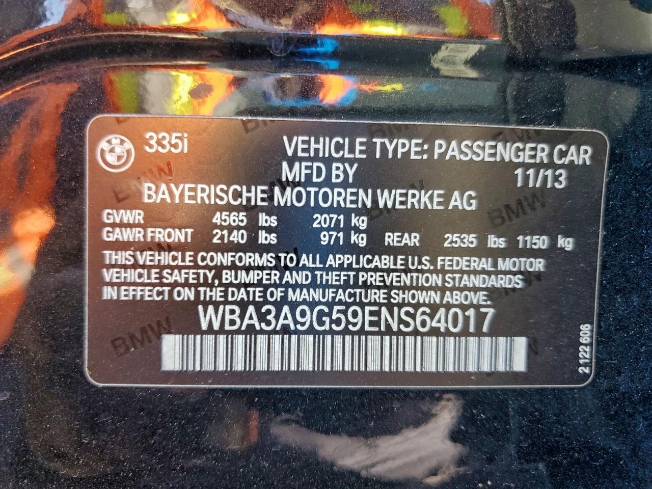 2014 BMW 335 I VIN: WBA3A9G59ENS64017 Lot: 93678005