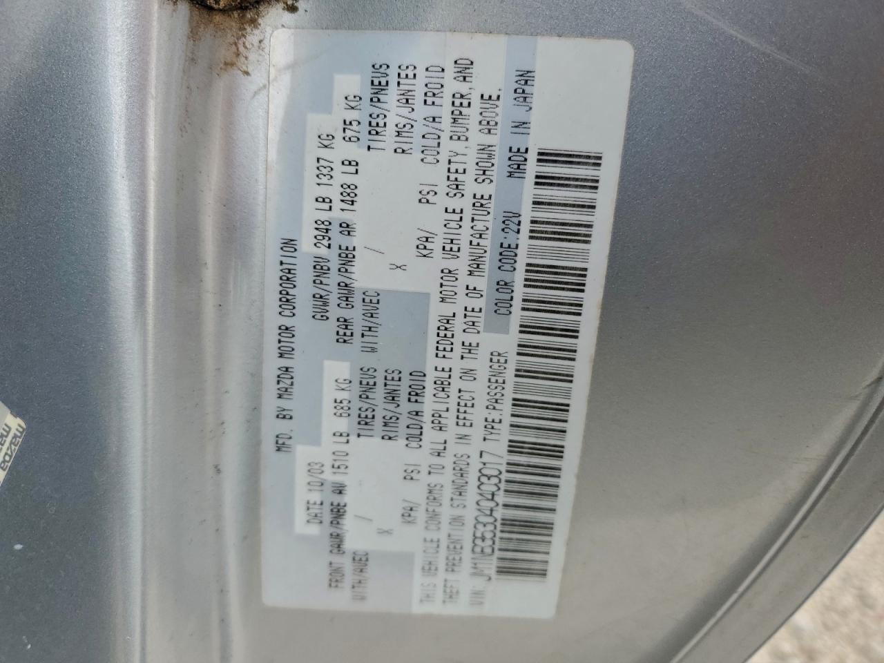 2004 Mazda Mx-5 Miata Base VIN: JM1NB353040403017 Lot: 94375015