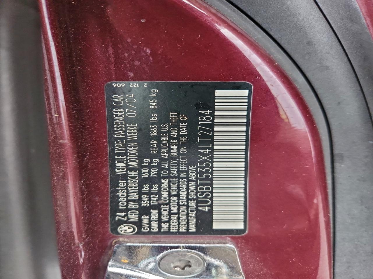 2004 BMW Z4 3.0 VIN: 4USBT535X4LT27184 Lot: 93847445