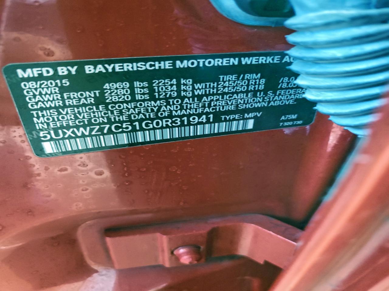 2016 BMW X3 Sdrive28I VIN: 5UXWZ7C51G0R31941 Lot: 94554395