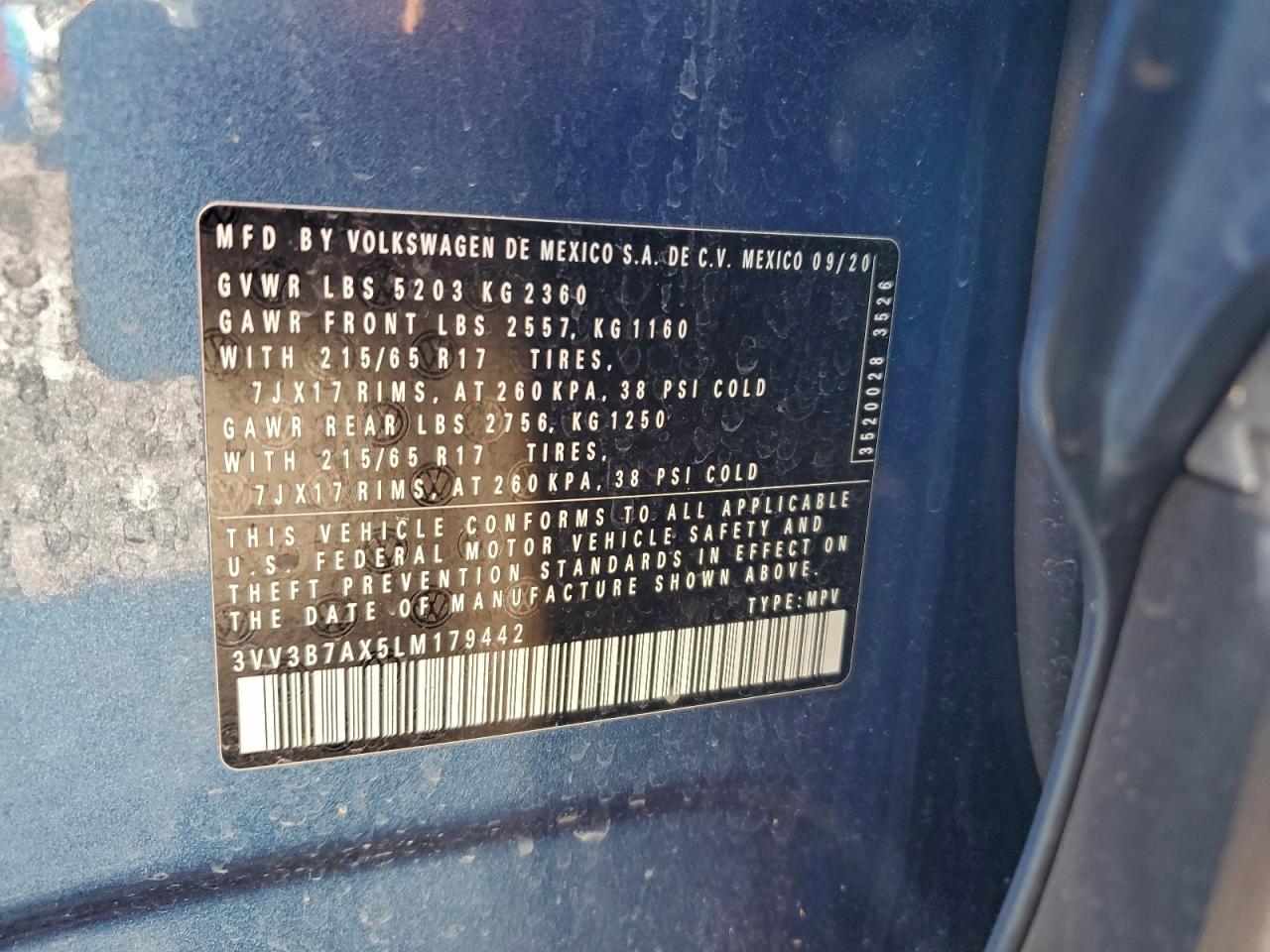 2020 Volkswagen Tiguan Se VIN: 3VV3B7AX5LM179442 Lot: 93938455