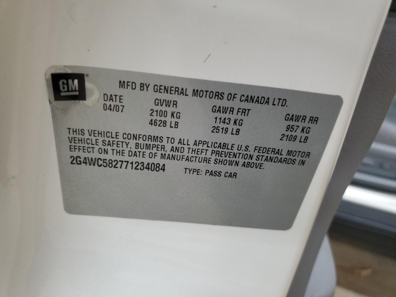 2007 Buick Lacrosse Cx VIN: 2G4WC582771234084 Lot: 91812795