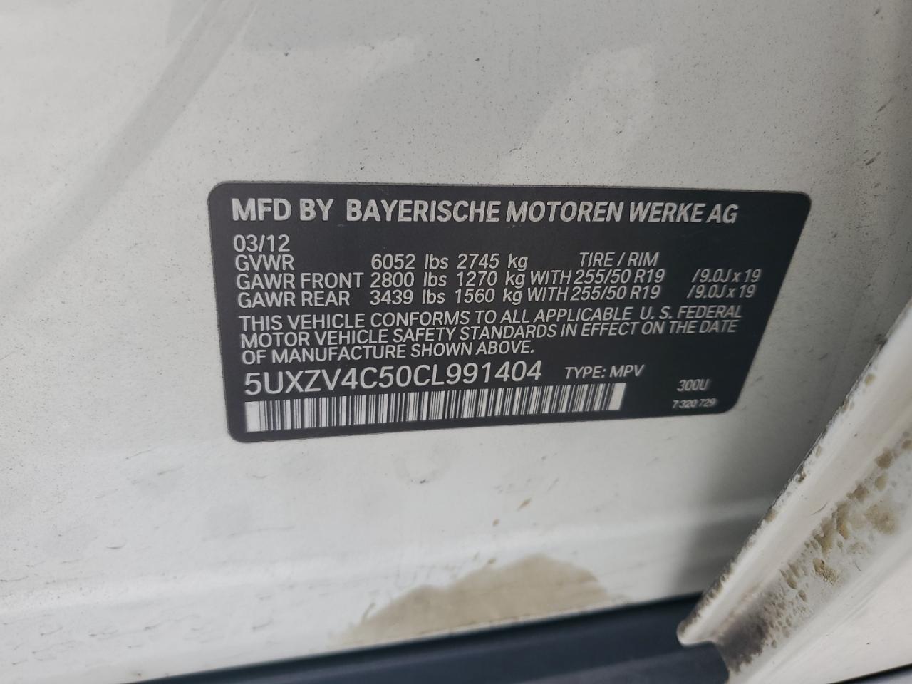 2012 BMW X5 xDrive35I VIN: 5UXZV4C50CL991404 Lot: 92927205