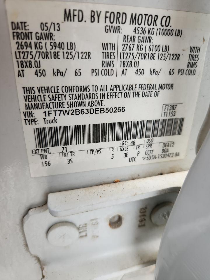 2013 Ford F250 Super Duty VIN: 1FT7W2B63DEB50266 Lot: 91218845