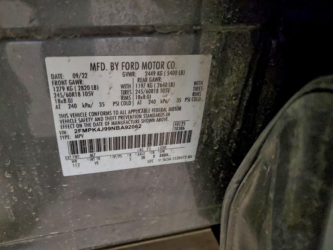 2022 Ford Edge Sel VIN: 2FMPK4J99NBA92062 Lot: 94782205