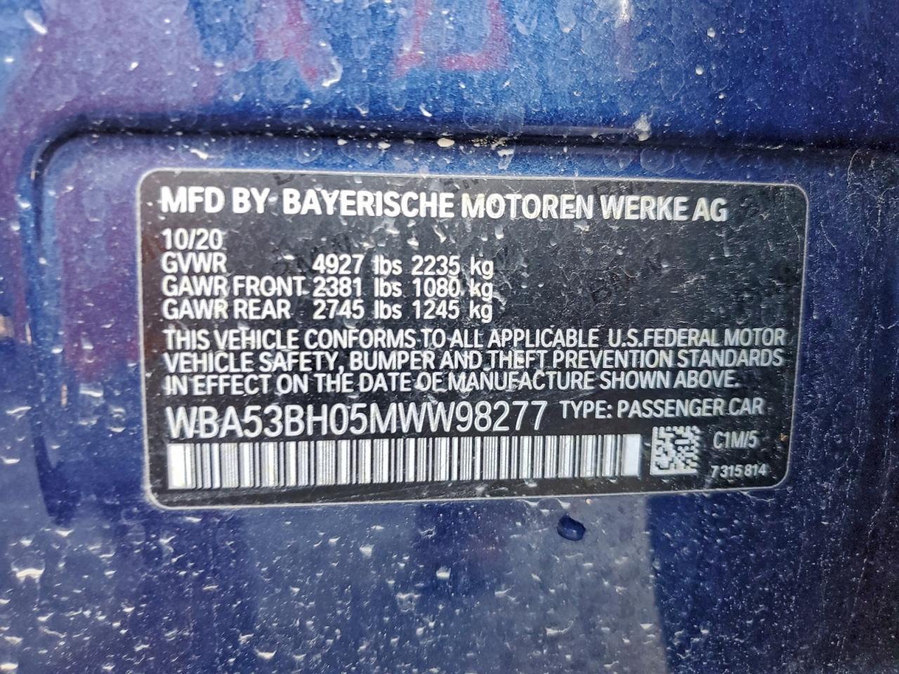 2021 BMW 530 I VIN: WBA53BH05MWW98277 Lot: 94134645