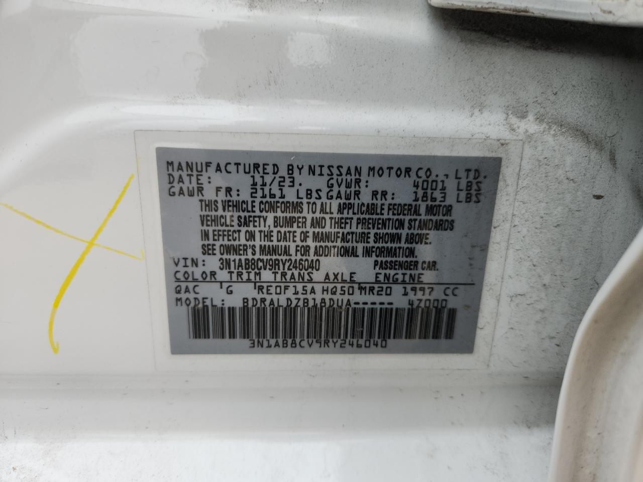 2024 Nissan Sentra Sv VIN: 3N1AB8CV9RY246040 Lot: 93872955