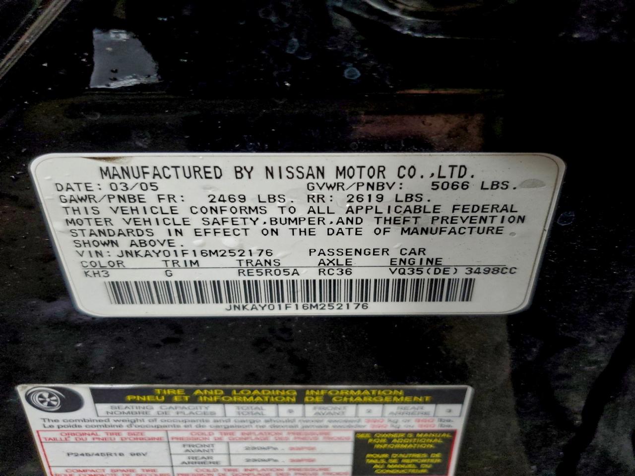 2006 Infiniti M35 Base VIN: JNKAY01F16M252176 Lot: 94578565