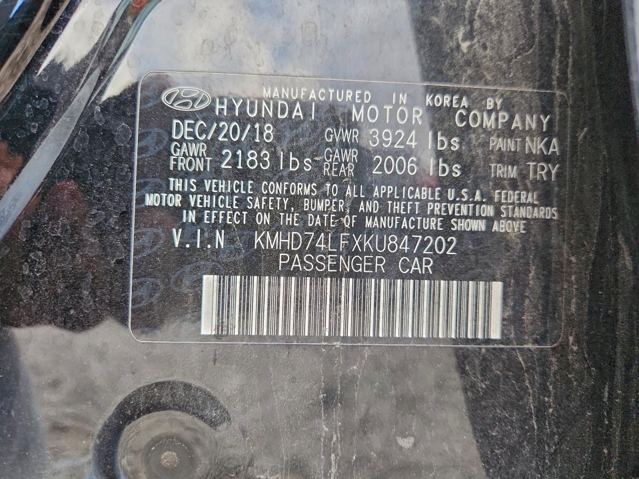 2019 Hyundai Elantra Se VIN: KMHD74LFXKU847202 Lot: 93970585