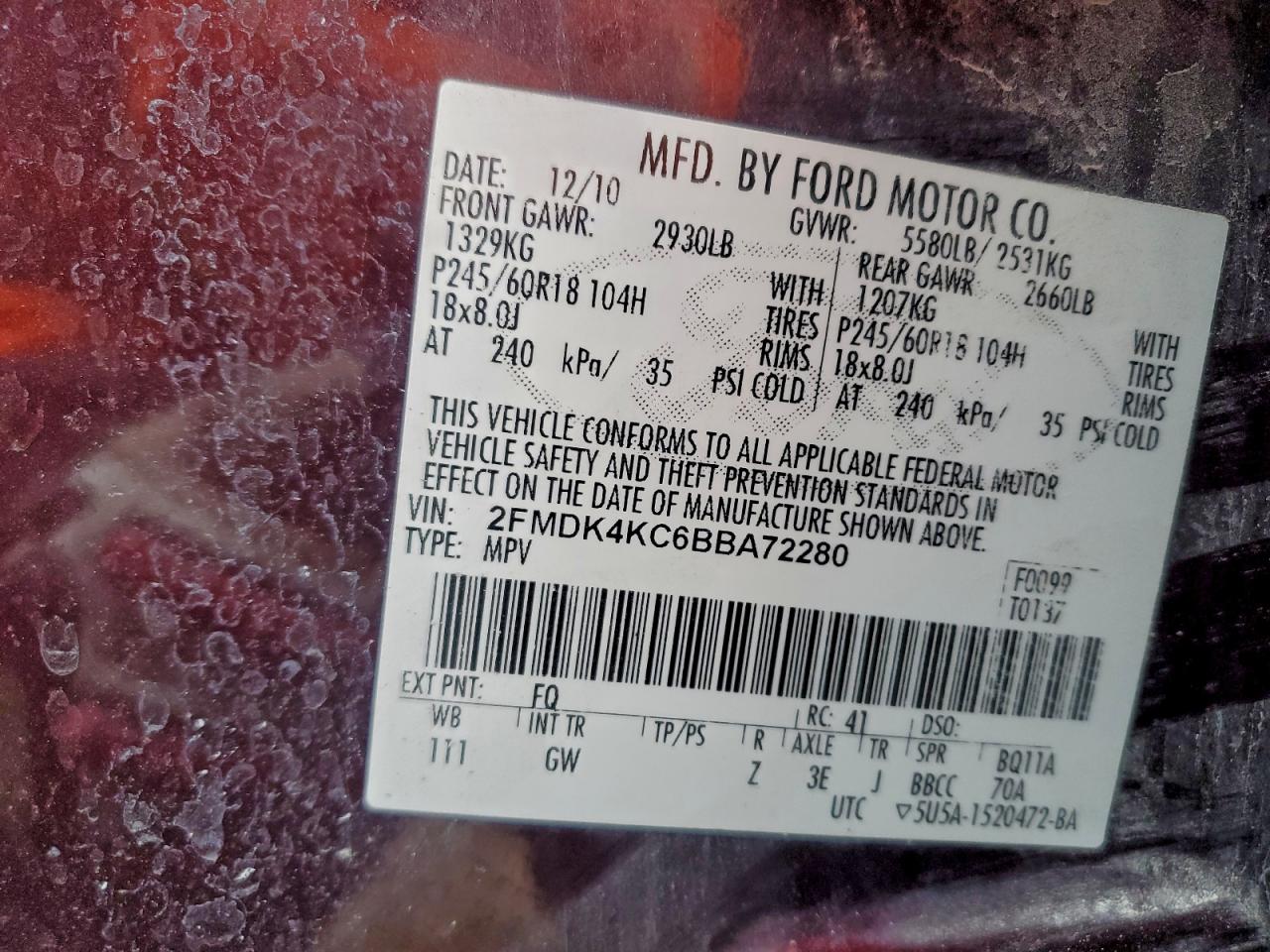 2011 Ford Edge Limited VIN: 2FMDK4KC6BBA72280 Lot: 94416755