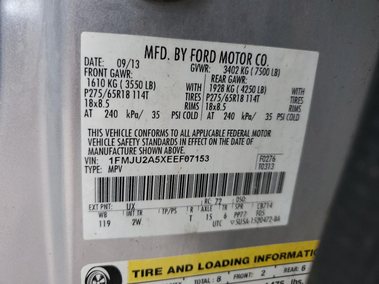 2014 Ford Expedition Limited VIN: 1FMJU2A5XEEF07153 Lot: 92642375