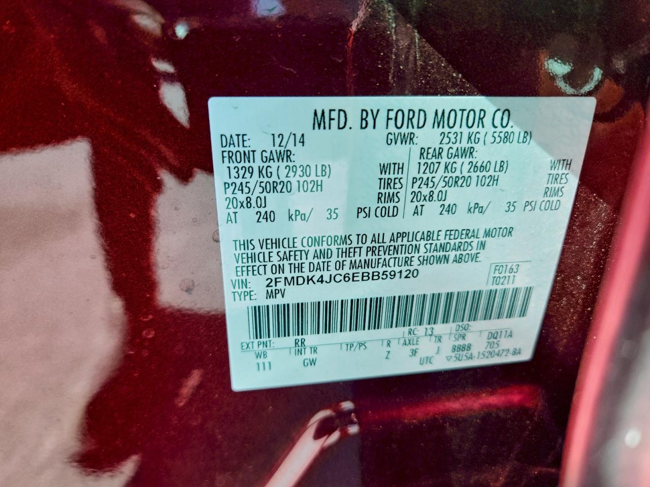 2014 Ford Edge Sel VIN: 2FMDK4JC6EBB59120 Lot: 93714335